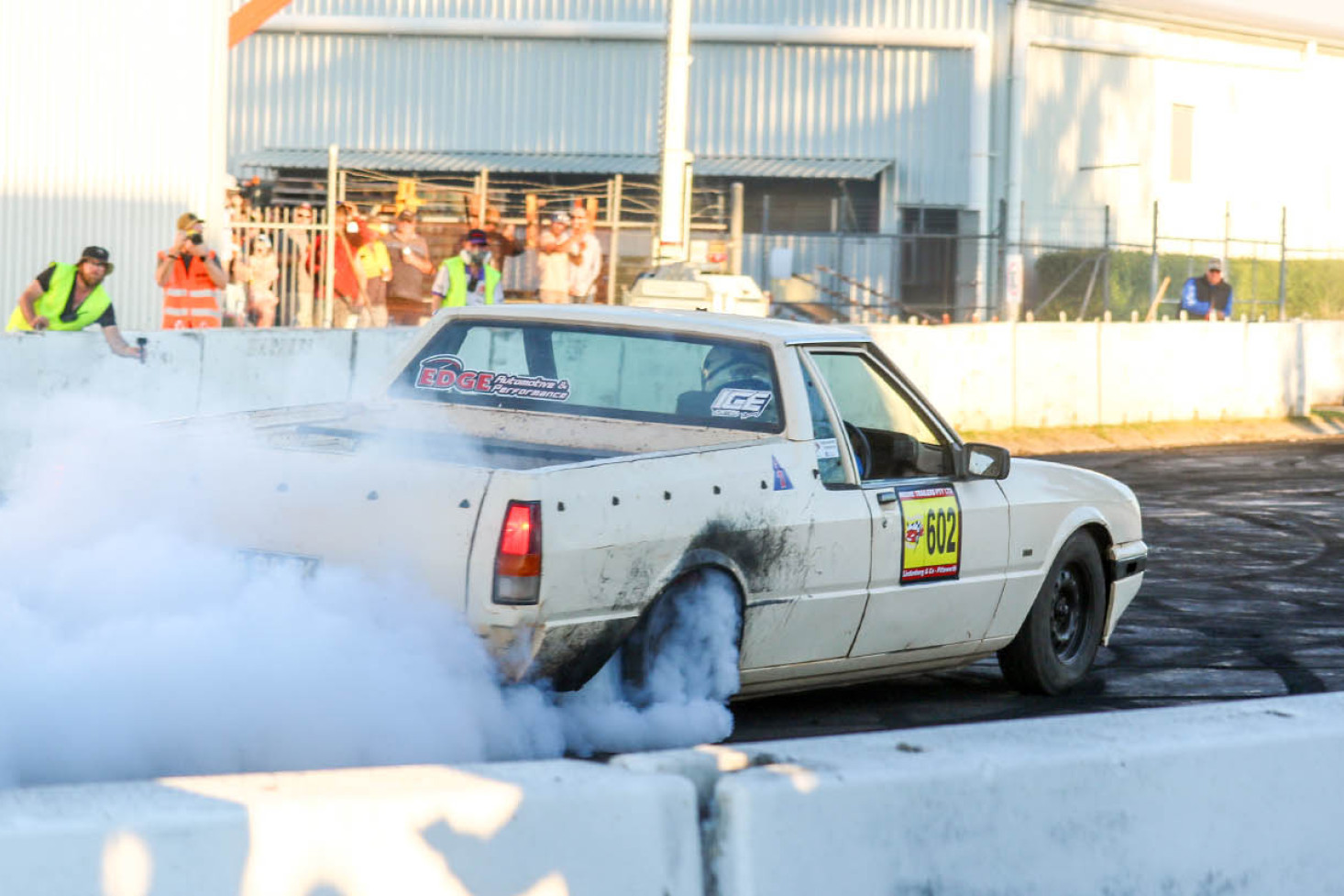 Darcy Beeson, in his 1986 Ford XF, competed in the burnout comp on Saturday afternoon.