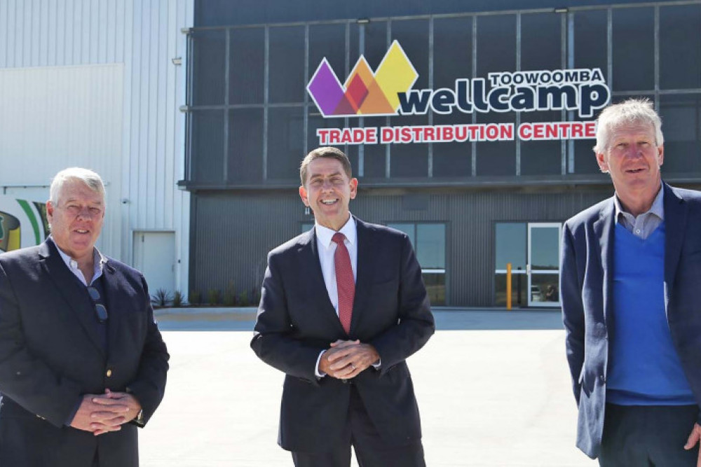 John Wagner (left) and Denis Wagner (right) from the Wagner Corporation with the Queensland Treasurer and Minister for Investment Cameron Dick at the opening of the Regional Trade Distribution Centre at Wellcamp.