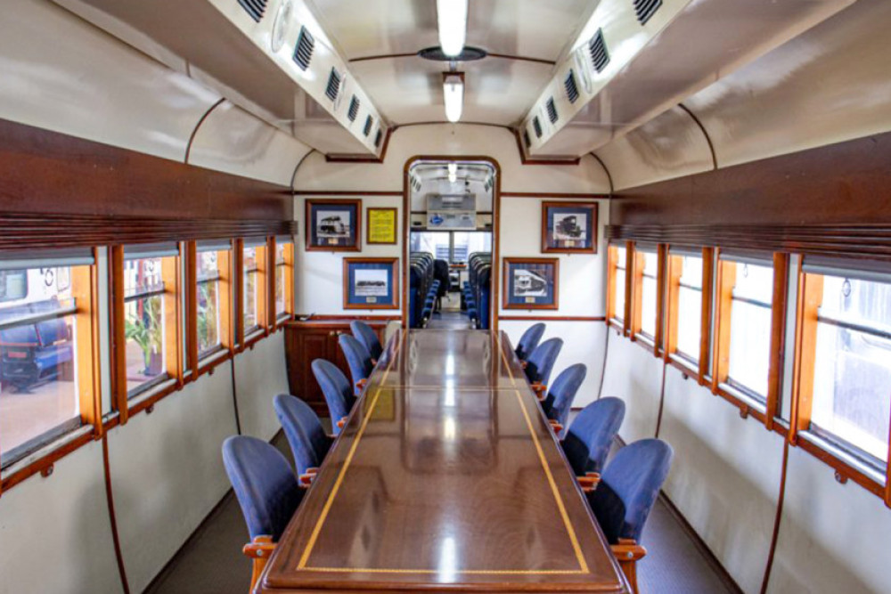 The never-before-seen-by-the-public boardroom of one of the railmotors recently acquired by DownsSteam.