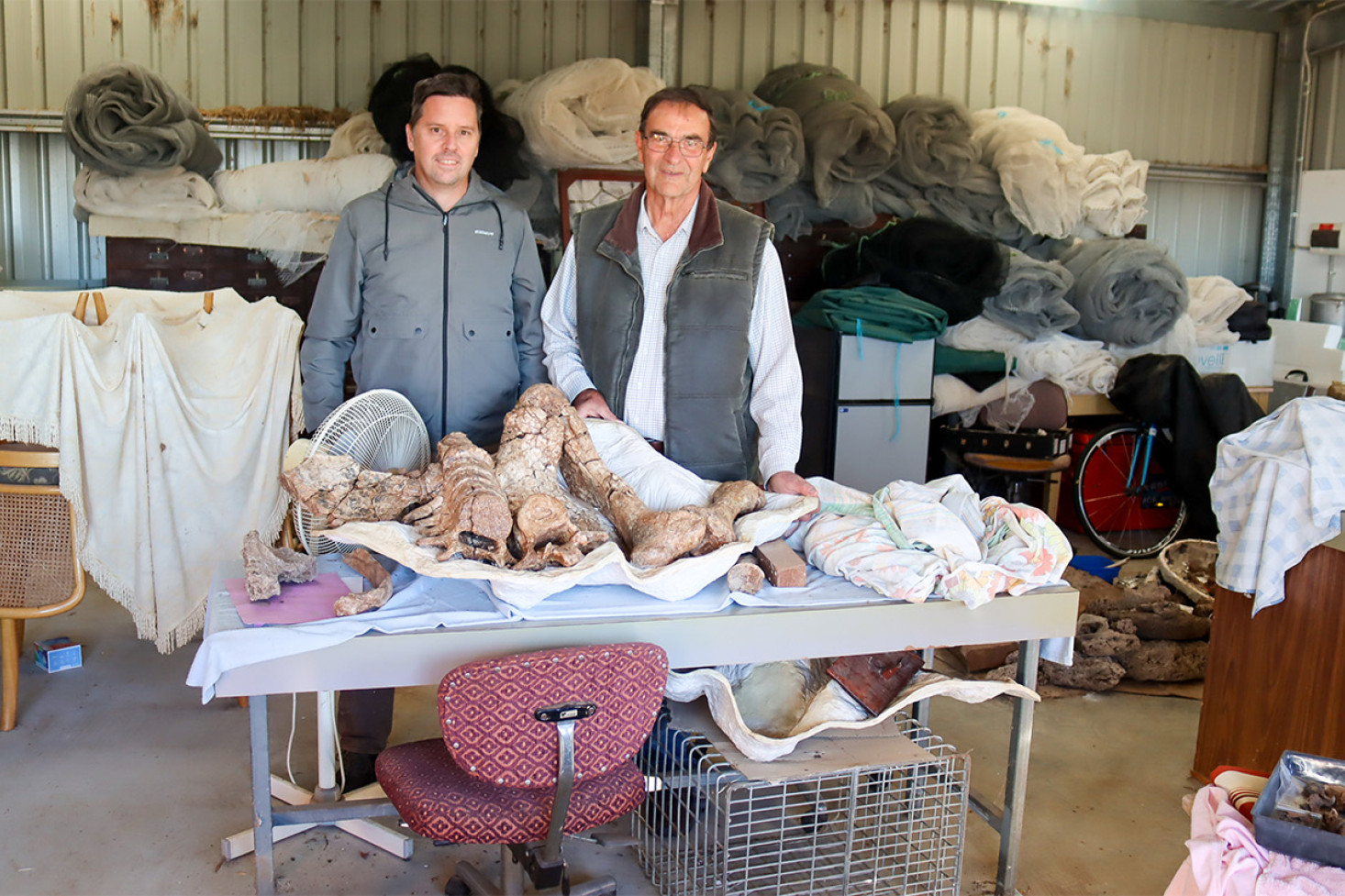 Dr Gilbert Price and Ian Sobbe, the guest speakers at Felton Hall, assess fossil finds in the Clifton district earlier this year.