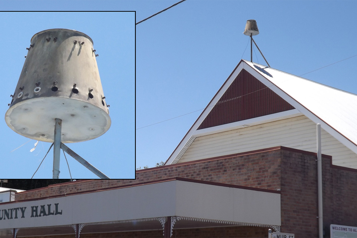 Allora’s Community Hall with close-up of its mystery bucket.