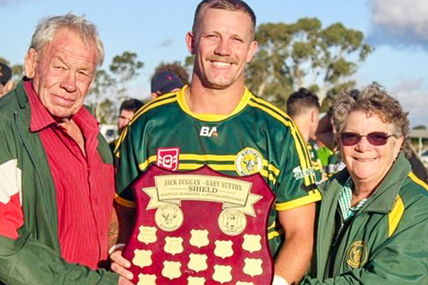 Gary Sutton and Shelley Duggan present the Jack Duggan-Gary Sutton Shield for 2025 to Wattles Captain Nick Van Der Poel after his side defeated Pittsworth last Sunday. Photo, Leanna Dau