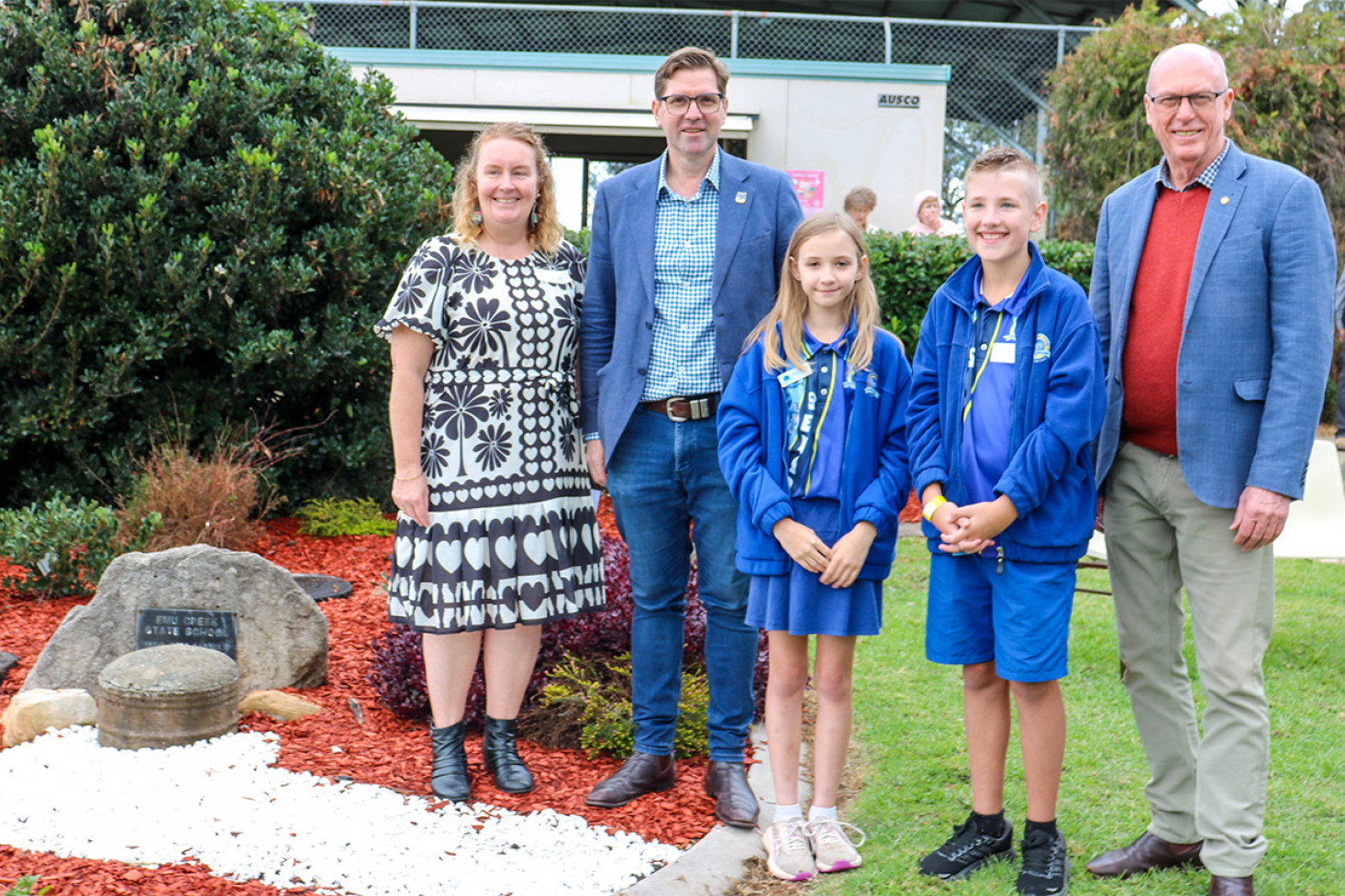 From left: Emu Creek State School Principal Tania Schmidt, Toowoomba Region Mayor Geoff McDonald, School leaders Mariah Baker and Carter Gittins and Member for Condamine Pat Weir.