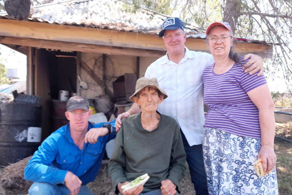 In front of the old creamery at Glendon, Dave Longhurst (centre) with (from left) grandnephews Nathan and Lyndsay Ellem and niece Evelyn Ellem.