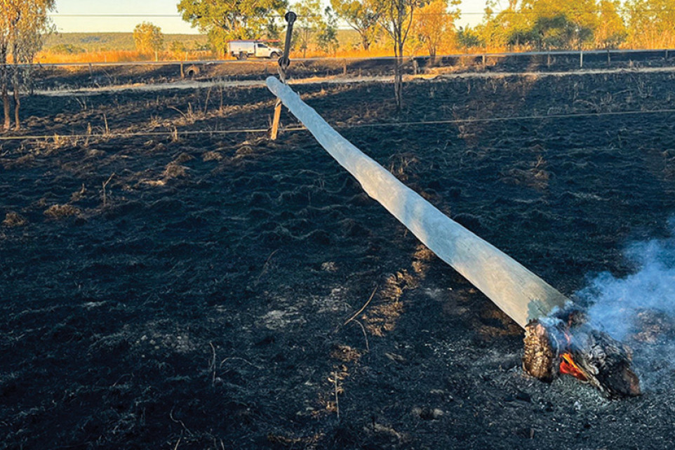 A burnt out power pole following a recent fire at Ogmore in Central Queensland.