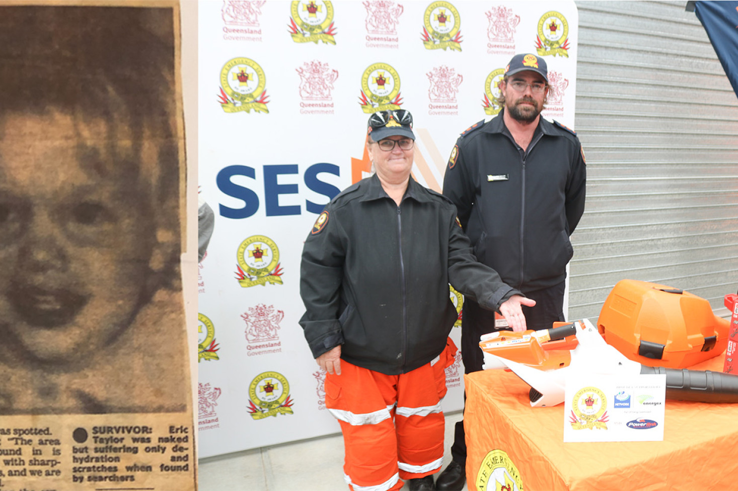 Goombungee SES Branch Deputy Leader Jennifer Rauwerda with Group Leader Eric Taylor (centre) is serving with the Goombungee SES as a gesture of thanks towards those who rescued him as a toddler. Inset: Eric Taylor, after being rescued as a toddler.