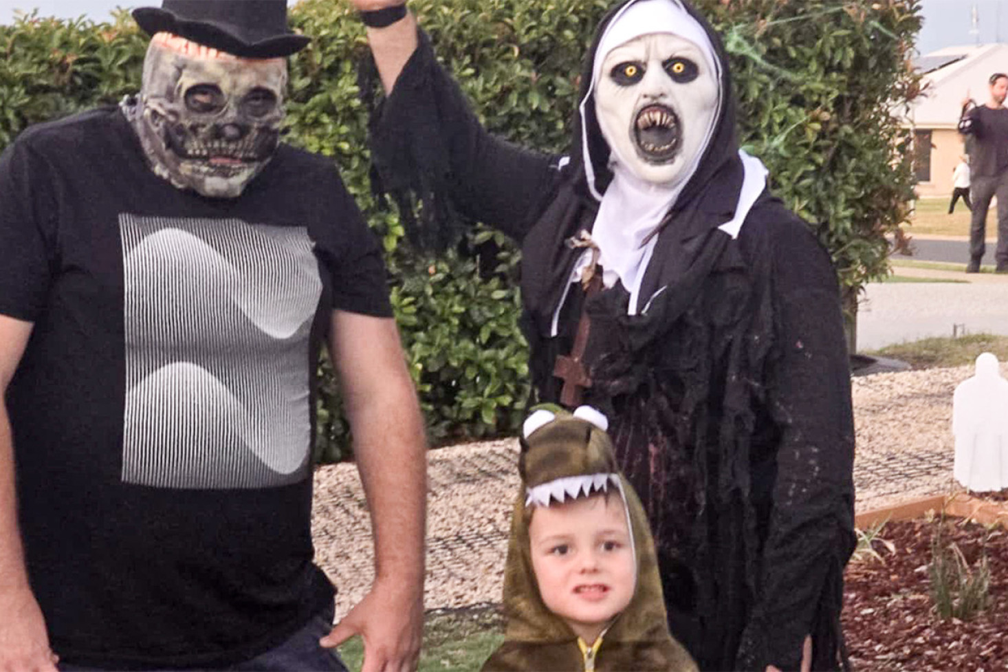 In Westbrook, around a thousand kids dressed up in the Halloween spirit, and many grown-ups as well, including, Chris Zylstra (left), Connor Zylstra (front) and Mark O’Neill (right).