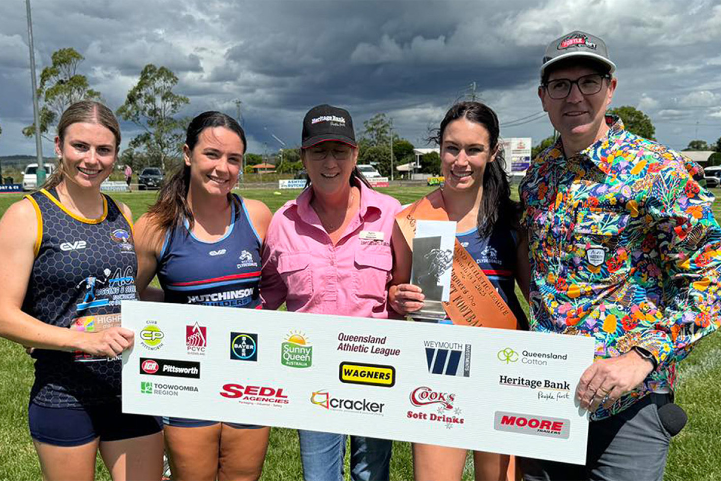 Placegetters of the Wagners Fastest Female Footballer across 75 yards at the Postle Gift on Saturday were (from left) Morgan Prentice (second place), a Pittsworth local, Reagan McMillan (third place) from Allora, and Titan footballer Georgia Sim (first place). Pictured with a sponsor representative from Heritage Bank and Toowoomba Regional Council Mayor Geoff McDonald.