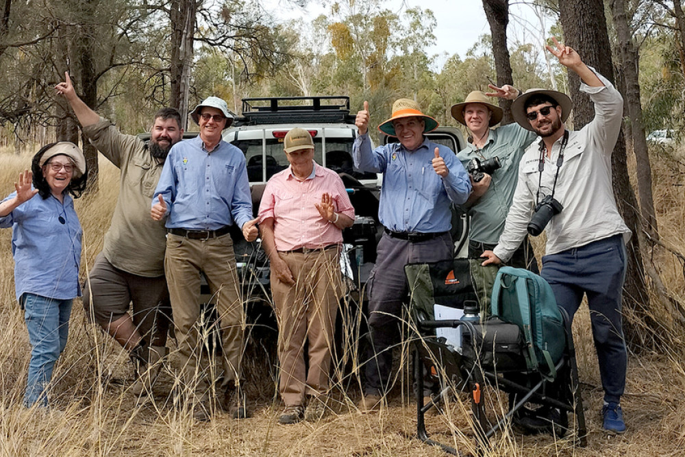 On the site north of Leyburn, the Natura Pacific film crew, entomologist and butterfly champion Professor Dr Don Sands (in a pink shirt) and Louise Skidmore of Clifton Landcare on the far left.