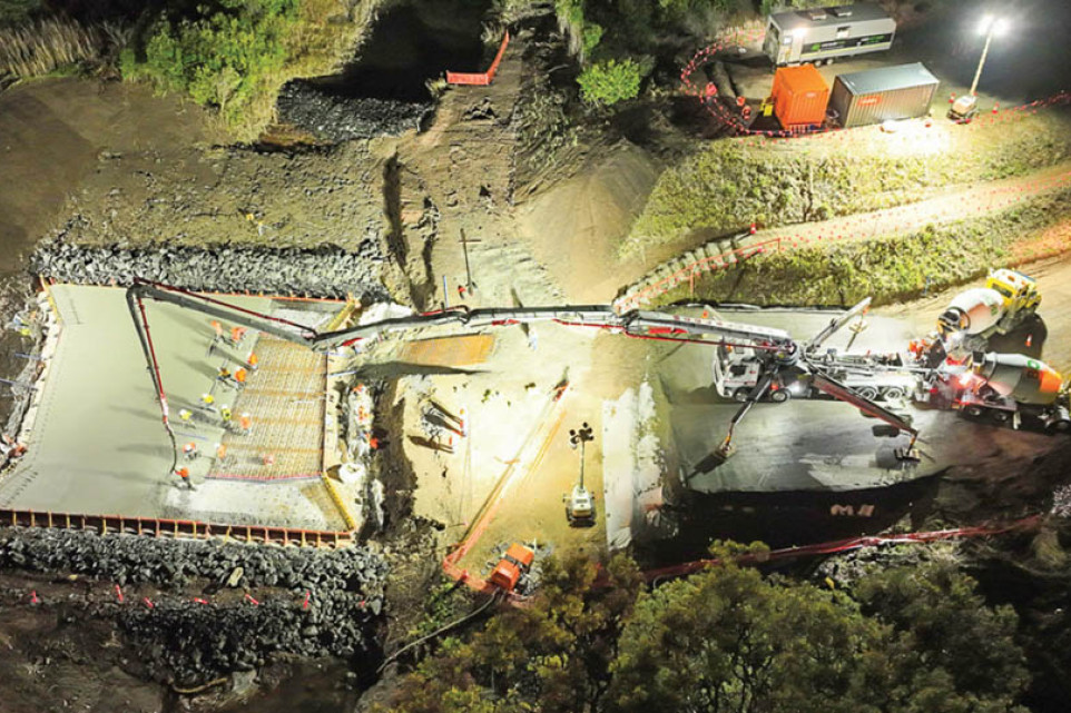 Pouring the concrete base and apron slab for the culvert replacement works at 3am one morning at Waldron Road, Upper Pilton. Photo, Golding Contractors