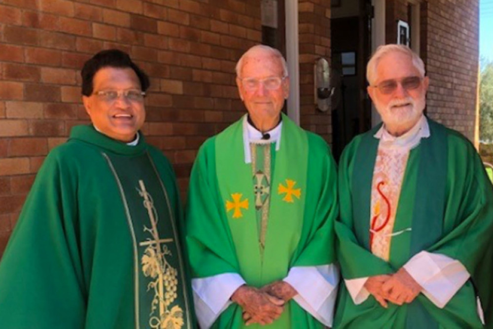 Father Thomas Areekuzhy with Father Mick Carroll and his brother Father Vincent Carroll.