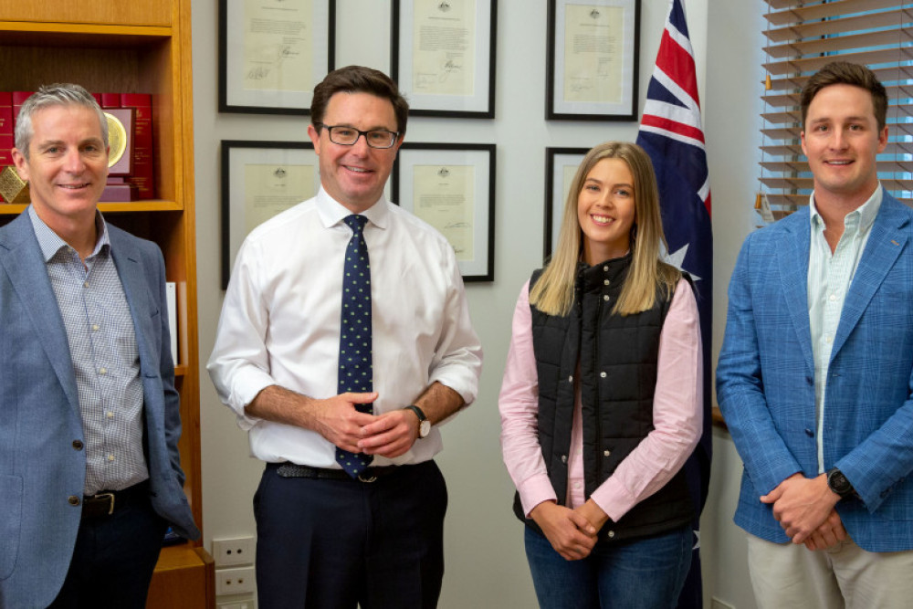 The launching of the Future Drought Fund Drought Resilience Leaders Program, from left: ARLF Chief Executive Matt Linnegar, Member for Maranoa David Littleproud and emerging leaders Jo Treasure and Oli Le Lievre.