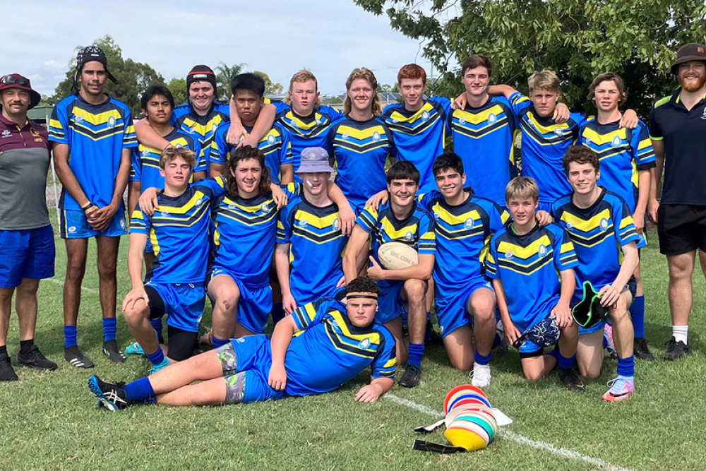 From left, back row: Adam Cronin, Clay Dempsey, Quinn, Shaquan Craig, Leo Daulayan, Thomas McCashney, Ethan King, Jack Reen, William Hanlon, Zane Friedrichs, Benjamin Wilson, Nick Thom. Middle row: Cobin Bryan, Brendon Packer, Logan Pirie, Ethan Brose, Agustin Lehuede, Nicholas Duncombe, Patrick Quinn. Front: Tysne Stevens.