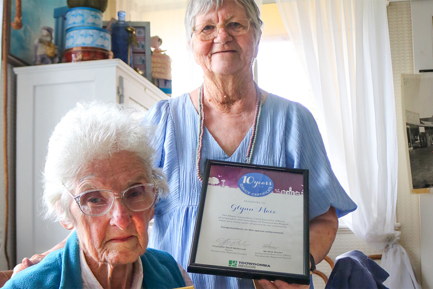 Joan Smith (30 years) and Glynn Mace (10 years) were recognised for their volunteering efforts at the Pittsworth Pioneer Historical Village.