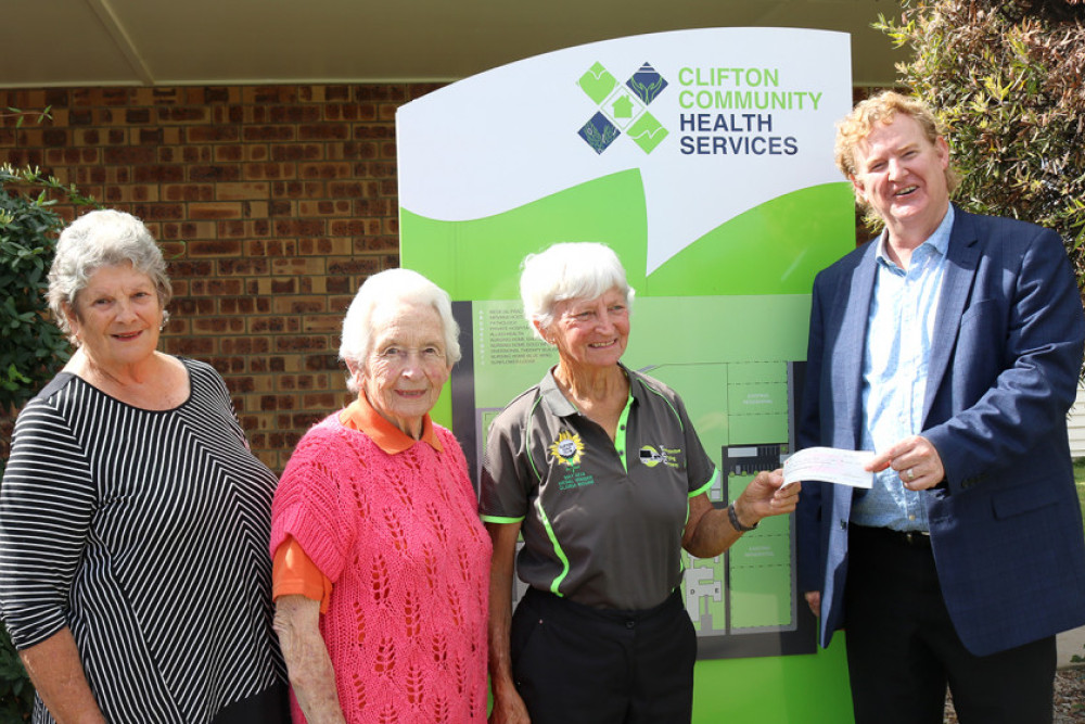 Clifton Golf Club Ladies Committee Member Jean Payne, Captain Ruth Hungerford and President Gloria Moore hand over the cheque for $1,200 to Clifton Community Health Services General Manager Brad Jones.