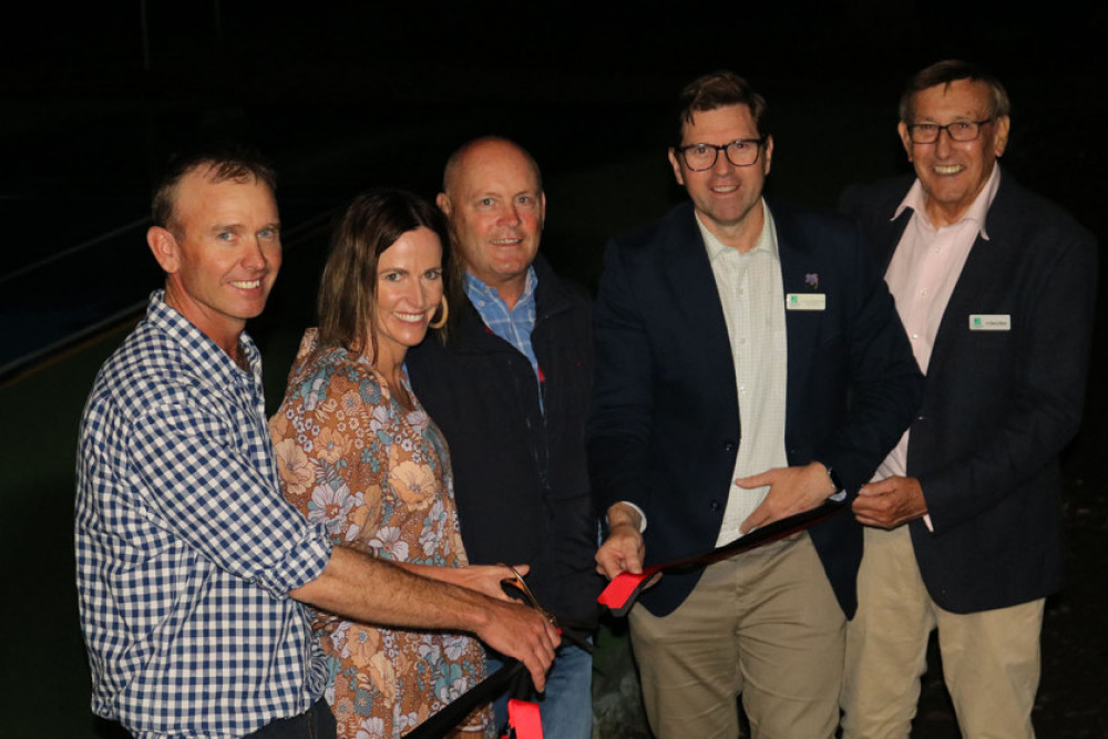 Biddeston State School P&C treasurer Melissa Patch (second from left) had the honour of cutting the ribbon to officially open the court. She was joined by P & C president Ian Speed, Biddeston principal David Doogan and Toowoomba Regional Councillors Geoff McDonald and Kerry Shine.