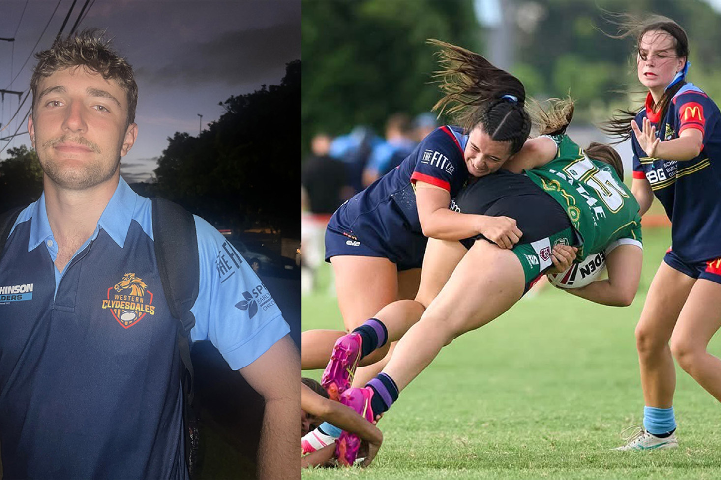 LEFT: Wattles back Hamish Gartery has been in impressive form in early season trials with the Western Clydesdales Mal Meninga Cup team. RIGHT: Central Downs local Reagan McMillan bottles up an Ipswich opponent in a recent trial for the Western Clydesdales Girls Under 19 combination.