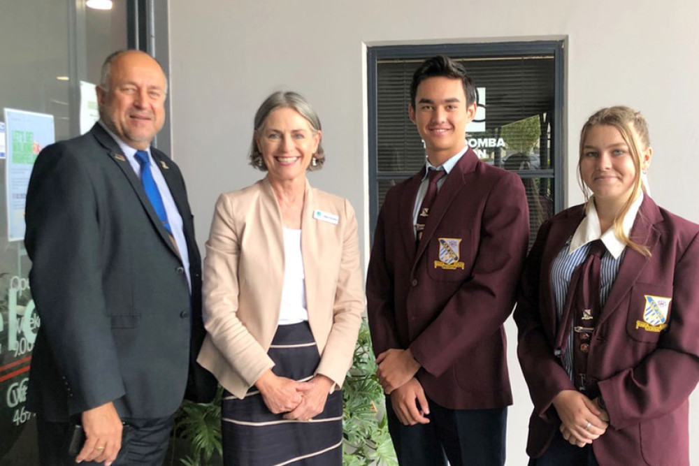 Clifton State High School principal Lou Oberholzer, Cr Megan O’Hara Sullivan and school captains Stewart Statham and Piper Brady.