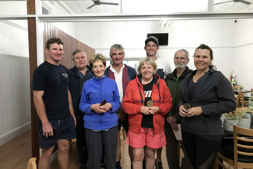 Winners - Back: Patron Denis Courtney, Graham Dau, President Lucas Gillott, Len Don. Front: David Hallman, Gay Erskine, Judy Collins, Shannon Aspinall.