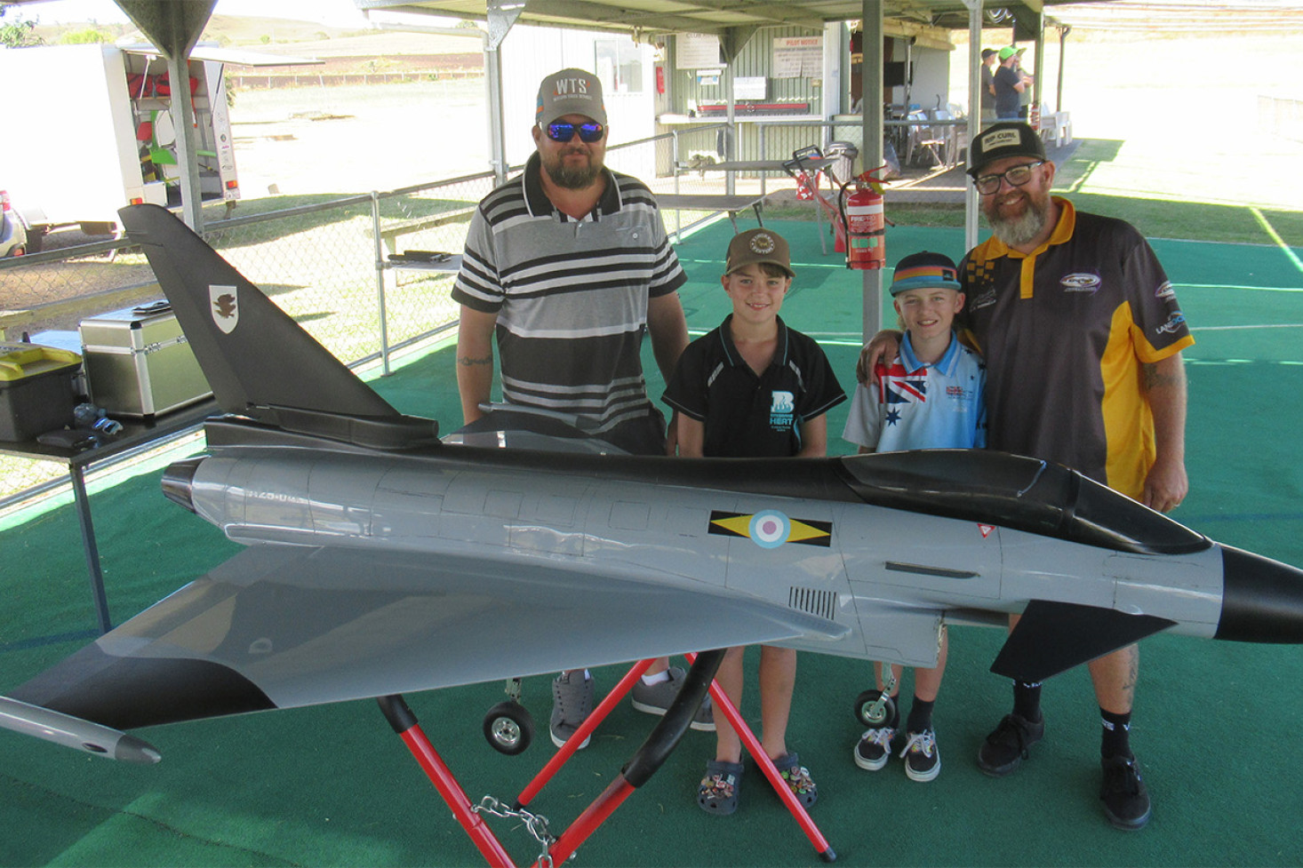 After travelling to Willowbank for Powercruise last week, Ross and Ashton Page from Helidon and Cooper and Stephen Porter from Bundaberg joined the Queensland Turbine Flyers at Hodgson Vale where they put this Eurofighter into the air.