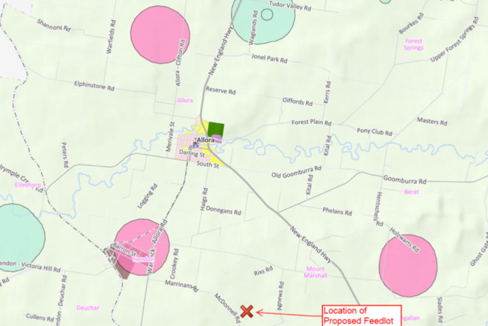 The other intensive farming operations surrounding Allora, include piggeries in pink and an abattoir in green.