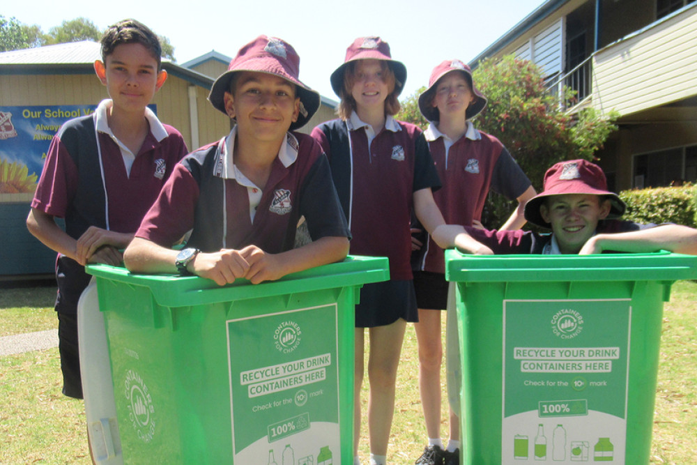 Amazing what you can put into these Containers for Change bins, but don’t think we’d get much for this lot!! From left: Year 9 students Cash, Will, Eleanor, Jorja and Anthony.