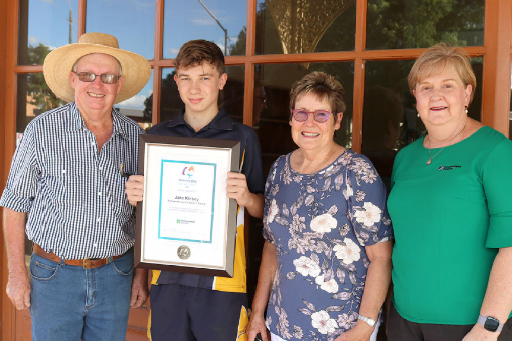 From left are Allan Peterson OAM, Jake Kinsey, Ros Scotney OAM and Toowoomba Regional Council’s Community Development Officer for Pittsworth Karen Suhl.