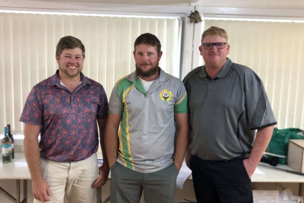 Mens Foursomes Champions Jay Roberts and Jake Castles with Clifton Golf Club captain Troy Hughes.