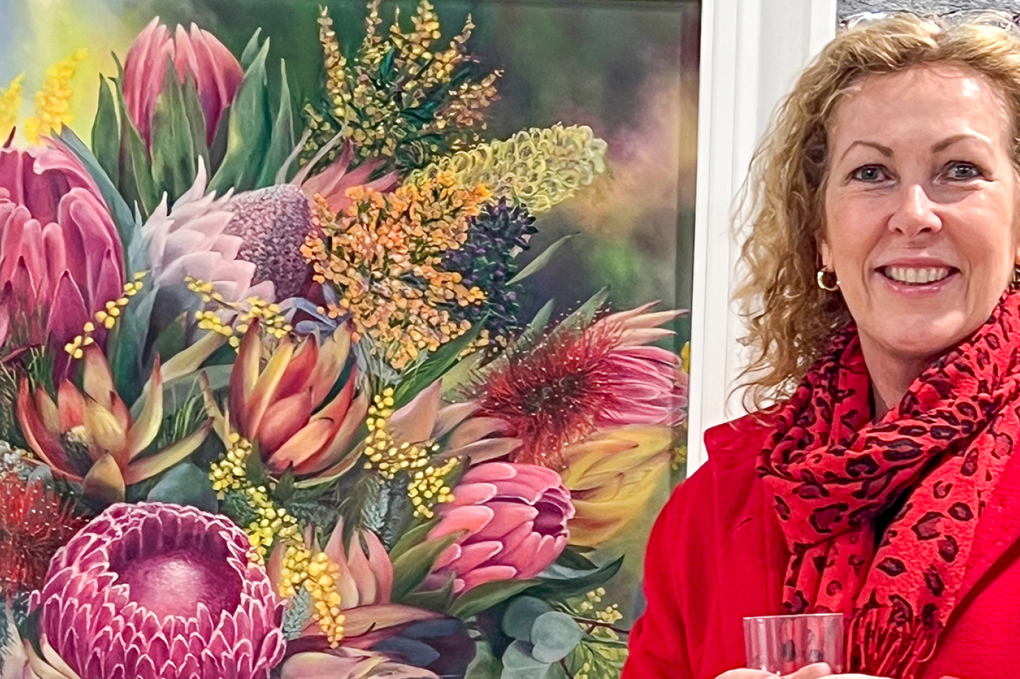 Pittsworth Art Group member Jeanne Cotter with her winning Still Life piece “Pretty Proteas” at The Pastel Society of Australia Annual Awards Exhibition 2024.