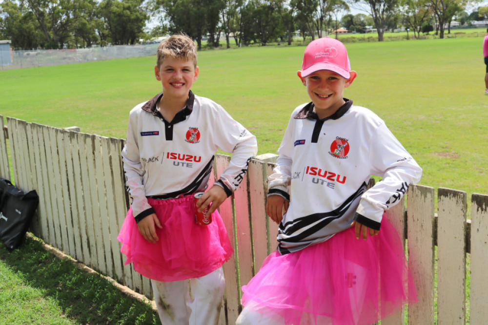 Oakey Junior Cricket Club players Riley and Bob all dressed up at the organisation’s Pink Stumps Day event held in March.