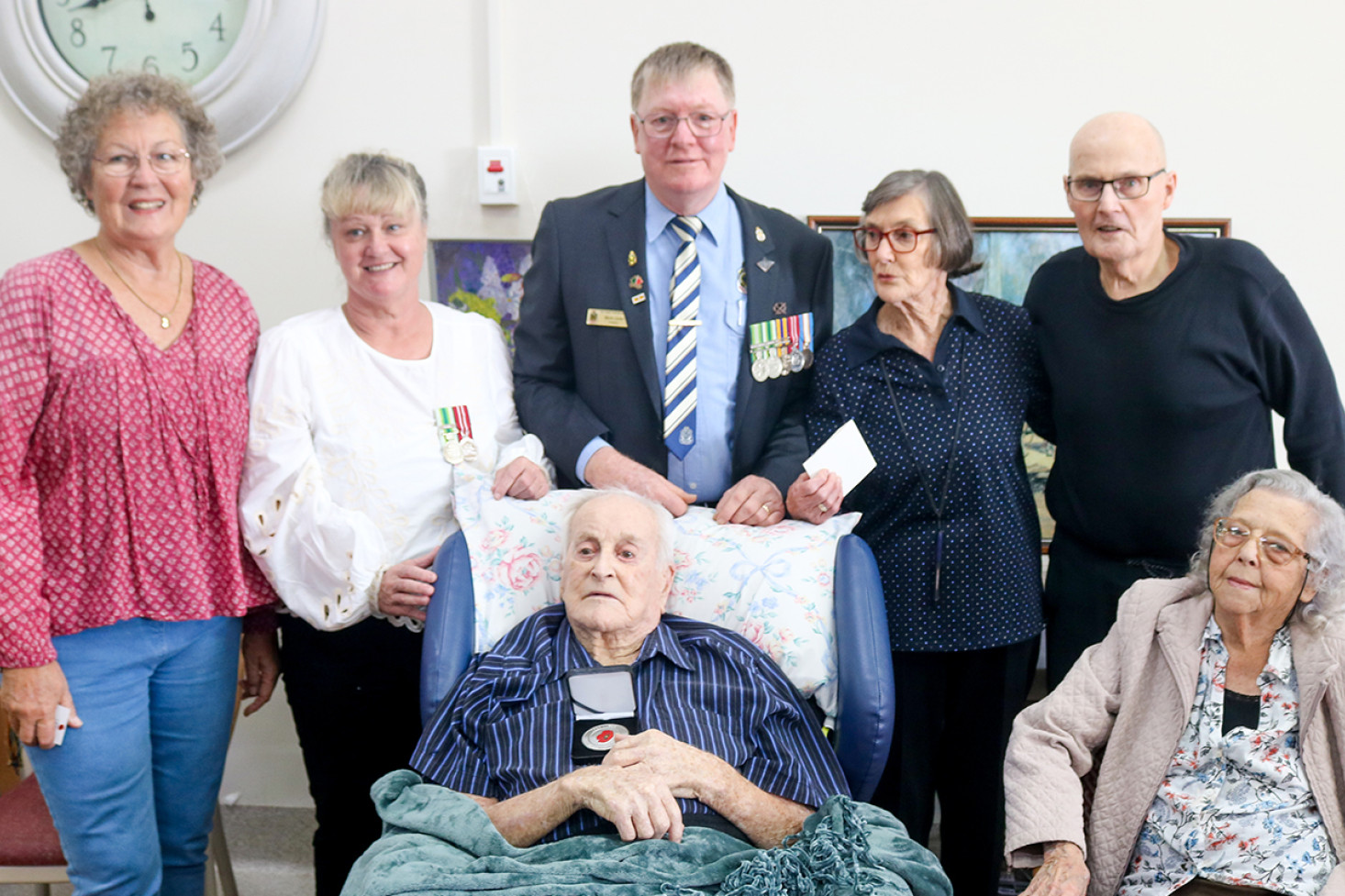 ABOVE: Back L-R Lesley Bryce (niece), Madelyn Martin (visitor), Mark Carter (Oakey RSL President), Joyce Beckwith (sister), Bill Beckwith (brother-in-law). Front L-R Stanley Kellett, Helen Kellett (wife).