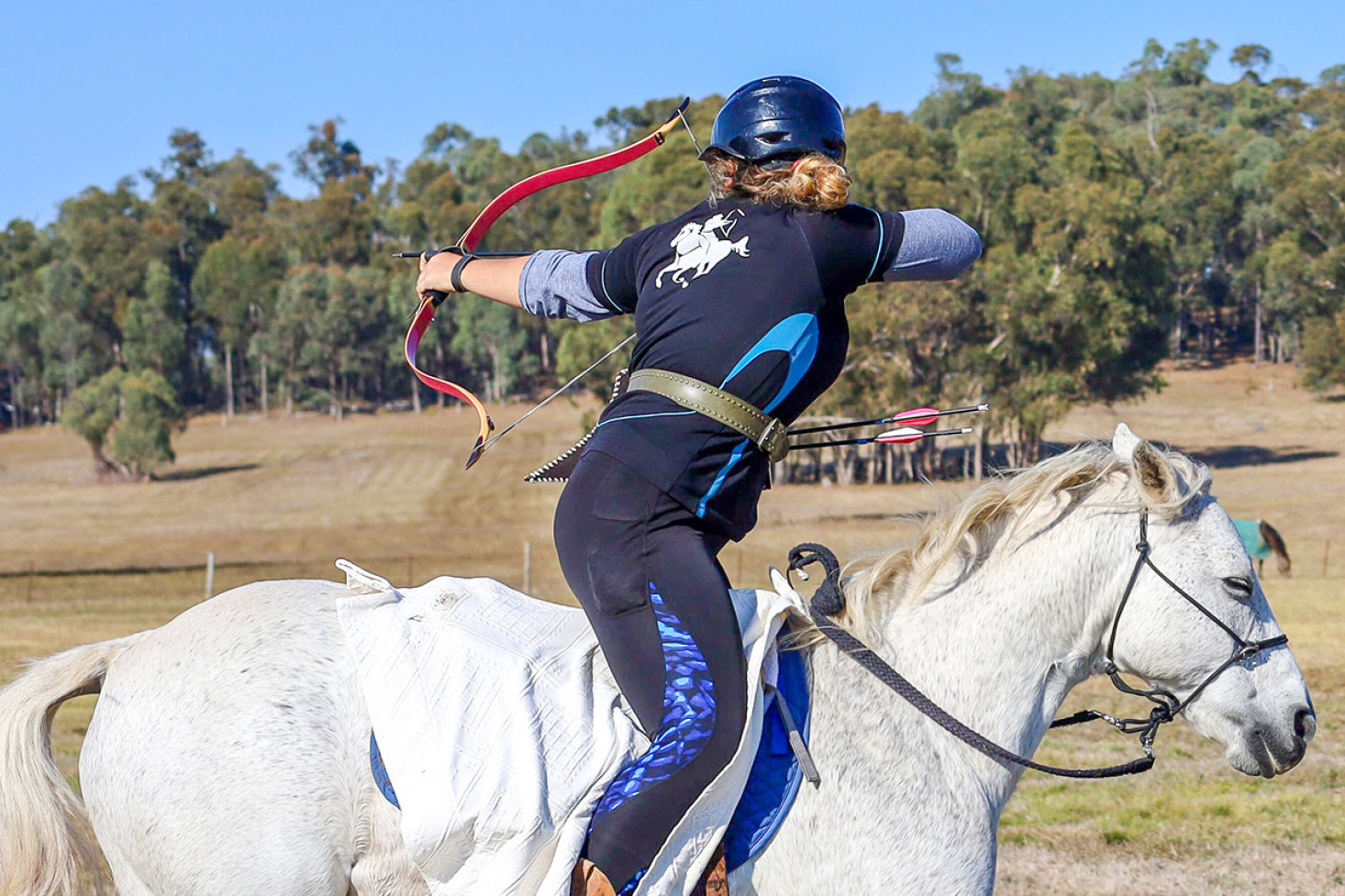 Kimberley Robertson and Chiko competing in horse archery, which combines two separate skills into the one sport. Photo, Abbeys Run Equestrian