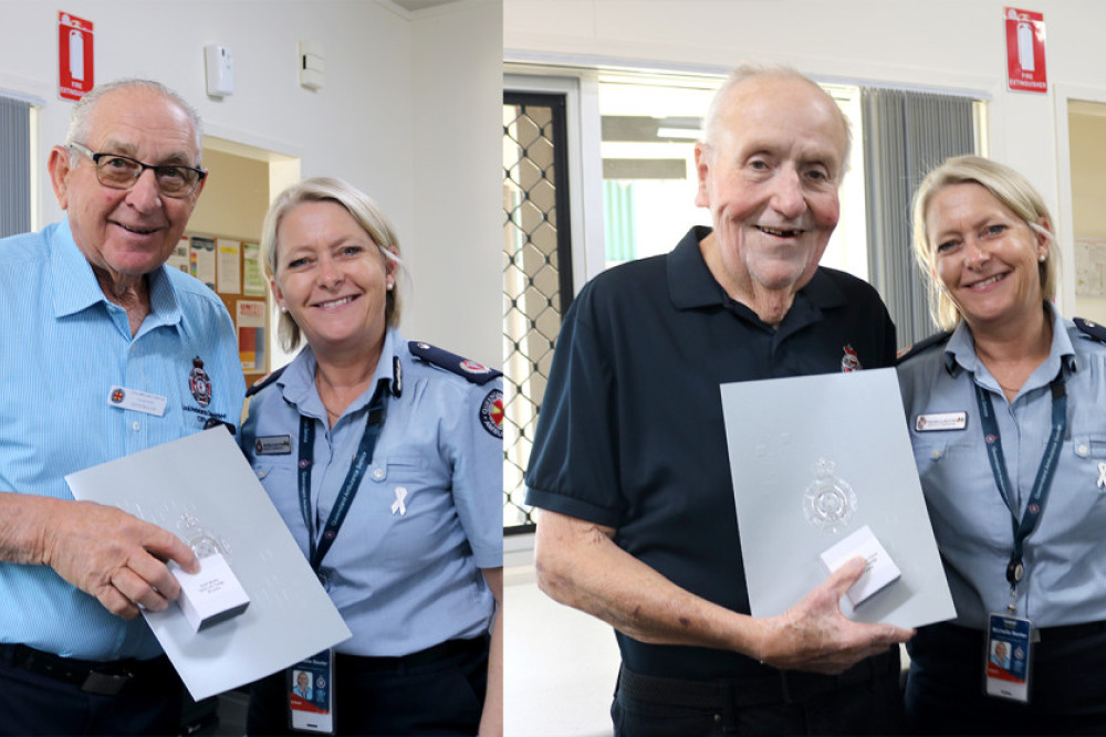 Assistant Commissioner Michelle Baxter presented medals to Keith Muller (left) and Terry Davis (right).