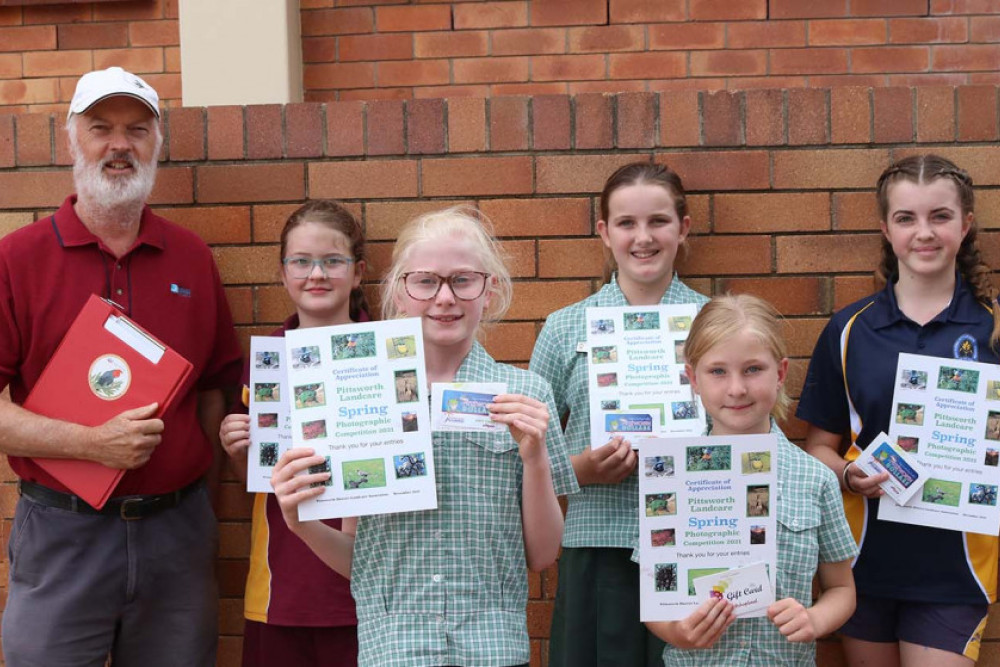 From left are Pittsworth District Landcare Association President Alastair Silcock, Sofia Thornber (primary school section highly-commended), Lilian Sharp (primary school section highly-commended), Sarah Hegarty (primary school section winner), Faith Sharp (primary school section highly-commended) and Jessica Hegarty (secondary school winner). Missing are Jen Summers (open section winner) and Harlow Reynolds (primary school runner-up).