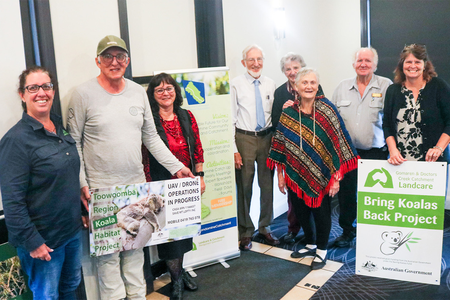 Rebecca Kirby (Millmerran Landcare), Chris Meibusch (Toowoomba Koala Habitat Program), Mary-Lou Gittins OAM (Secretary), John Standley OAM (Vice-President), Anna Smith (President), Glenys Bowtell (Vice-President), Trevor Cockburn (Oakey Urban Landcare), Toni Gorry (Gomoren and Doctors Creek Landcare Group)