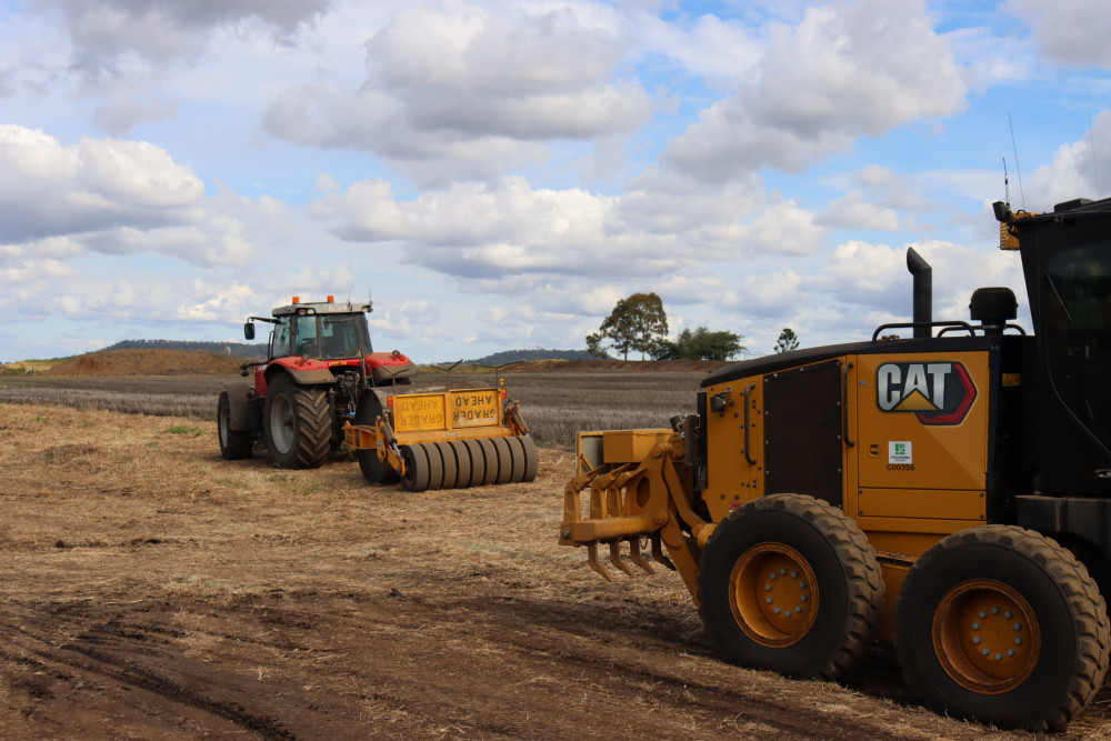 Toowoomba Regional Council road maintenance vehicles make their way down to Langsdorf Road at Nobby.