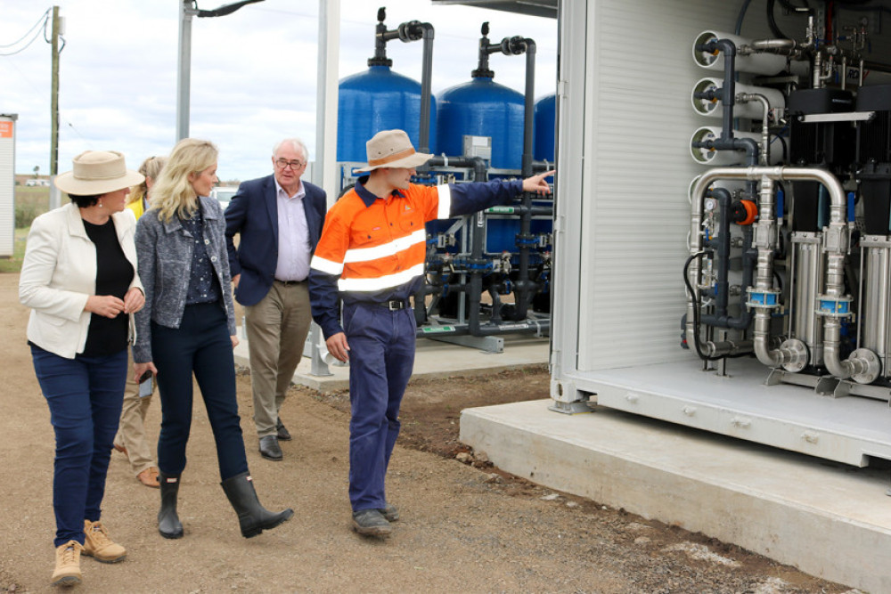 Councillors Nancy Sommerfield and Rebecca Vonhoff and Mayor Paul Antonio were shown around the new facility last Thursday by Matthew Semciw of Gradiant Australia. The Reverse Osmosis machine can be seen to the right and media filters behind.