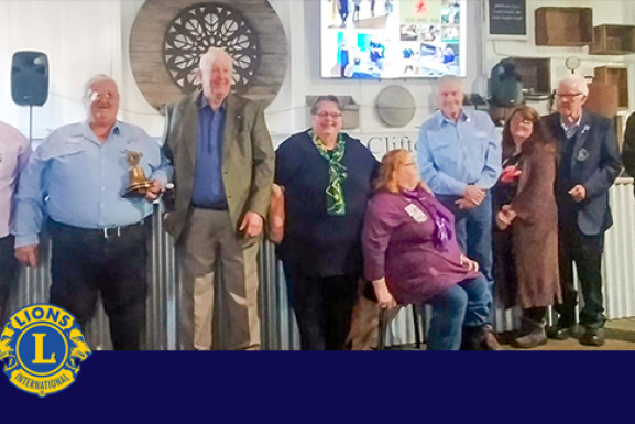 From left: 1st Vice President Andrew Highet, President Paul Batchelor, 2nd Vice Bill Cameron, Sec. Maryann Bisdee, Treas. Cathy Highet, Cake and Mints chair (and new Life Member) Peter Bisdee, Jodie Ovington social media chair, Mike Conway (new life Member) Goose club chair, and Peter Free (new life member) and LCIF Chair.