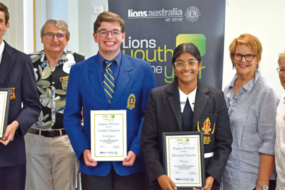 Lions Youth of the Year regional finalists Marcus Landers, Lachie Crighton and Rheanca Lincoln with Rev. Lionel Rohrlach, Helen Everingham and Ros Scotney OAM.