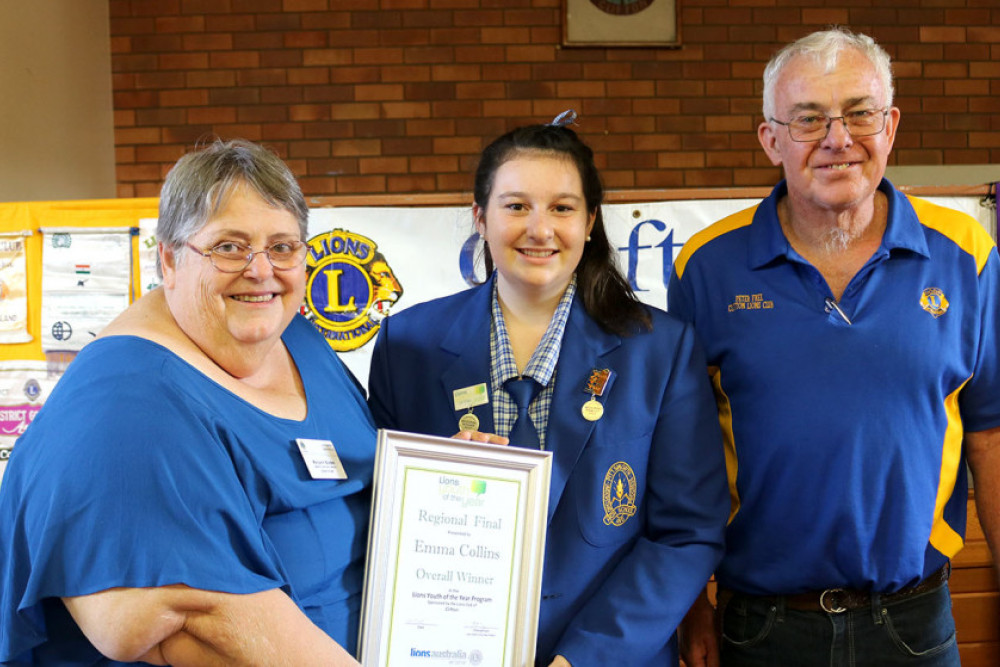 Regional winner Pittsworth State High School Student Emma Collins (centre) receives her certificate from Lions Zone 4 chair Maryann Bisdee and Youth of Year coordinator Peter Free.