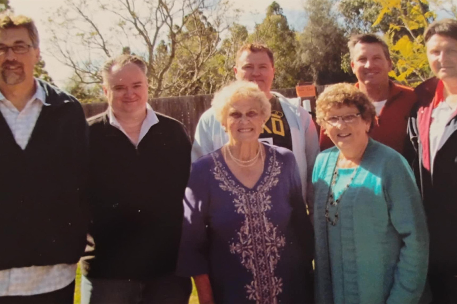 First Goombungee Little Folks students at a 40-year reunion in 2016. Back Row: (L-R) Tim Jarick, Mark Welke, Wayne Coleman, Leith Hartwig and Chris Lau with founders Jean Jarick and Glenda Hartwig (front).