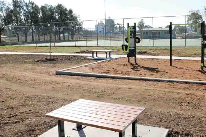 New seating and exercise equipment at the park.