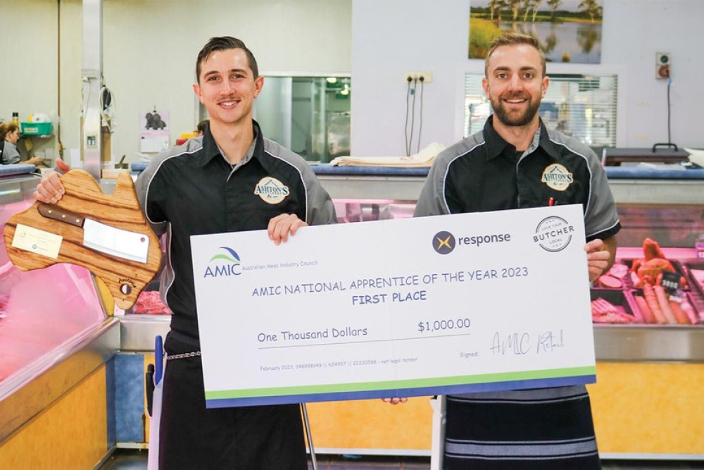 Luke Thomas (left) is Australia’s no. 1 apprentice butcher for 2023, pictured with Craig Ashton at Ashton’s Butchery.