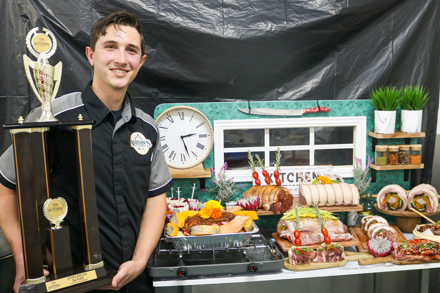 Luke Thomas placed second in the Butchers Wars competition at Meatstock in Sydney recently, and created a replica of his prized display at Ashton’s Butchery.