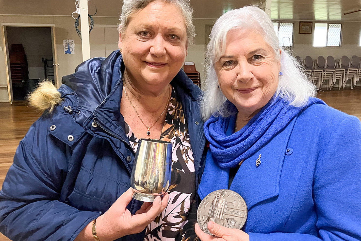 Lyn McNaught and Kay Ann Sullivan, (both née Wooldridge) granddaughters of George’s brother, attended the Anzac Day service at Westbrook this year. Kay is holding George’s Dead Man’s Penny.