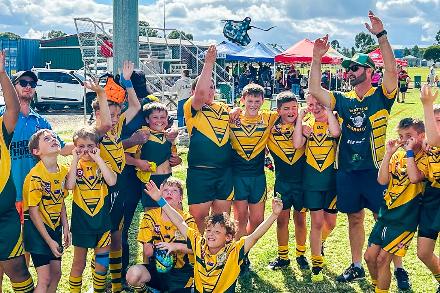 Wattles Junior Rugby League Club Under 11 team that competed in the 2025 Manktelow Carnival at Pittsworth over last weekend. From left to right: Lochlan Wapau, Tyson Sutton, Henry Ferguson, Thomas Saville, Hunter Ryan, Toby Schmidt, Rhys Gascoyne, William Ehrlich, Henry Johnson, Carter Lyons, James Paterson, Aiden Hart, Bre Ryan with team mascot Pearl. Front: Joseph Ramsey and Cee-jay McNab. Photo, Katrina Ryan
