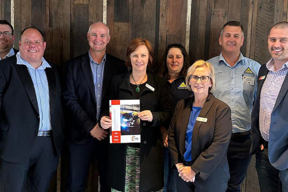 From left: Stephen Lucht of Obadare, Anton Griffiths of TUFF Group, Minister Glenn Butcher, Ali Davenport, Elisa Ginardi and Jason Riddle of JRS Manufacturing, Mandy Turner of TSBE and Daniel Fletcher of Western Downs Regional Council