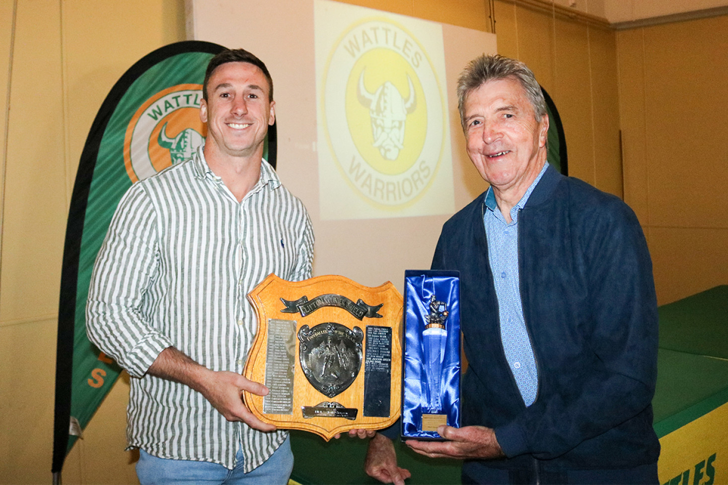 Wattles Warriors Footballer of the Year for 2024 Matt Duggan received The Clifton Courier Shield for a record seventh time, this year’s presentation made by the newspaper’s editor Ted Rogers.