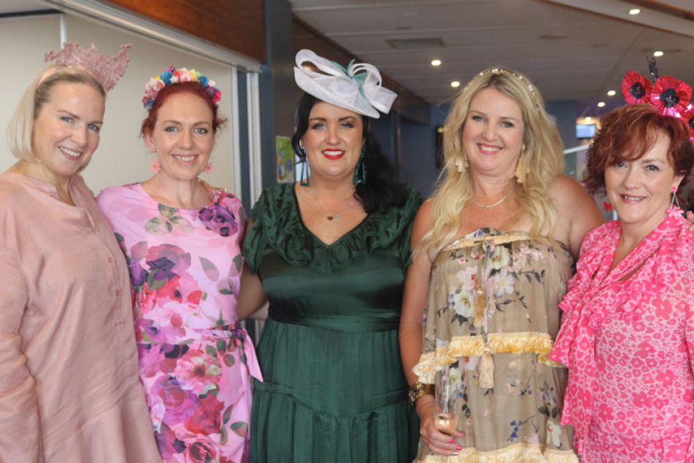 From left, Angela Slater, Danielle Sullivan, Rachel Keeley, Tania Wallace and Tanya Anderson dressed up in stunning frocks to attend the Melbourne Cup Luncheon at the Pittsworth Hotel Motel to raise money for the Pittsworth State School P&C.