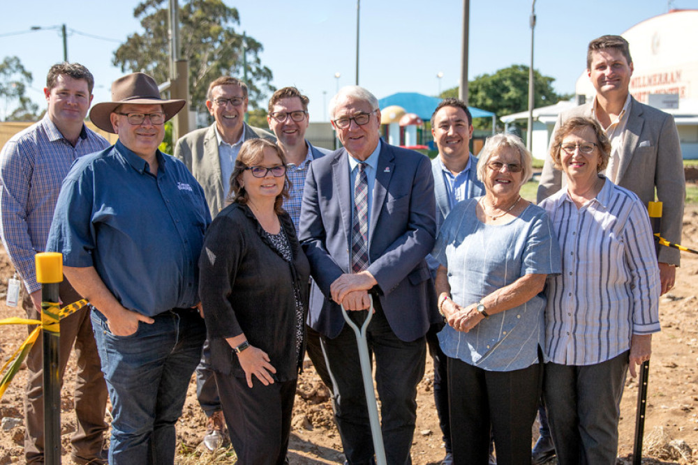 TRC Property Services manager Hugh Dunne (back left), Cr Kerry Shine, Deputy Mayor Geoff McDonald, Cr James O’Shea, Cr Tim McMahon with (front from left) Chris Taylor (Taylor Builders contractors), Millmerran Swimming Pool Association president Lisa Crellin, Toowoomba Region Mayor Paul Antonio, Joan Thompson (Millmerran Seniors water aerobics group) and Millmerran Commerce & Progress secretary Roselle Crellin at the sod turning for the start of construction at the Millmerran Pool site.